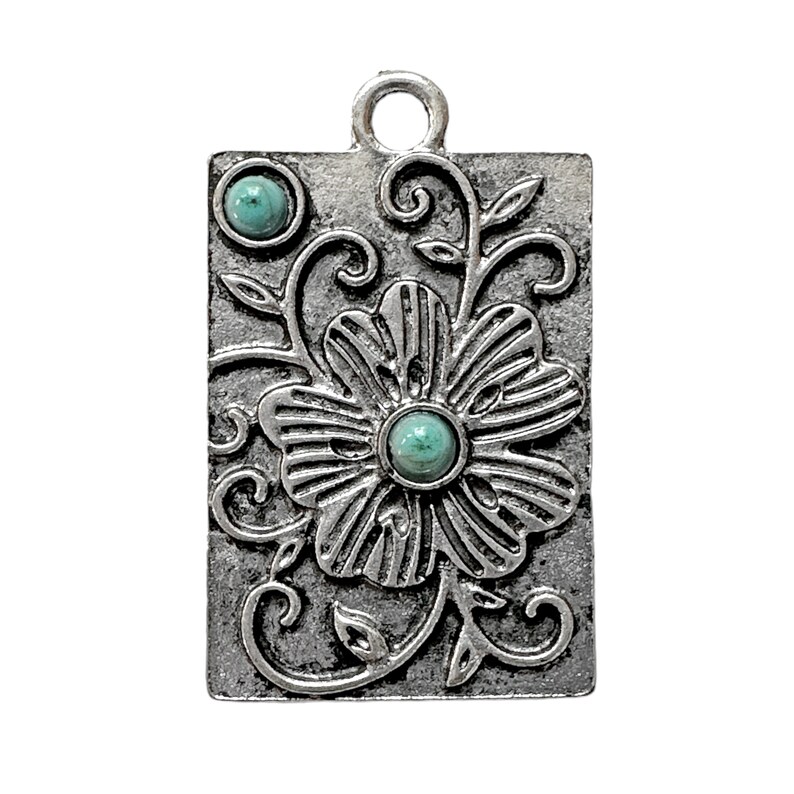 Bohemian Floral Flower Design Pendant, Zinc Based Alloy, Antique Silver, Imitation Turquoise, 30x19mm, B'sue Boutiques, Item08663 image 1