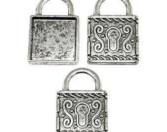 Lock Pendant Mounts, 3 Piece, Antique Silver Finish, Lock Pendants, Cast Alloy, Mounts, Pendants, Jewelry Mounts, 20mm Mount, Item01742