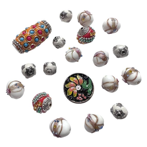 Lampwork Glass and Decorated Apoxie Sculpt Beads, 19 Pieces