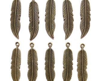 Feather Pendants or Earring Drops, 10 Pieces, Antique Bronze, 43x10mm, Cast Zinc, Bird Feathers, B'sue Boutiques, Item06951