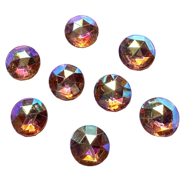 Acrylic AB Topaz Rauten Roses, Flatback, Faceted Round, Gold Foil Back, 15mm, Eight Pieces, B'sue Boutiques, Item04506