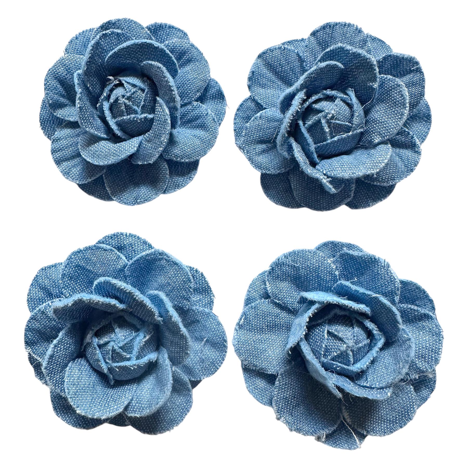 Set of 4 Large Denim Blue Fabric Flowers, Roses, 2 Inch Blooms, B