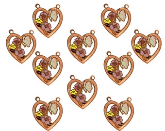 Vintage Enamel Floral Heart Pendants, 10 Pieces, Hand Painted Enamel Hearts, Gingerbread Patina, Butterfly Accent, B'sue, 24x24mm, Item08017