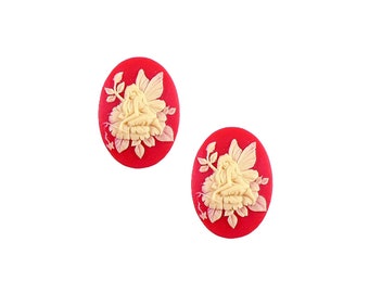 Kneeling Fairy Oval Cameos, 2 Pieces, Ivory On Red, Fairy Cameos, Jewelry Making, Cameos, Vintage Supplies, B'sue, 25x18mm, Item07013