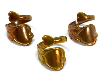 Set Of Brass Three (3) Heart Motif Rings, Raw Patina Brass, Adjustable, B'sue Boutiques,  Item01902