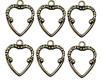 Small Brass Heart Charms, Backless Hearts, Heart Pendants, Brass Ox, Set of 6, Jewelry Making, US Made, B&#39;sue Boutiques, 18x14mm, Item03117