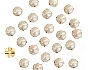 Cream Color Simulated Pearl Montees, 25 Pieces, Sew On Style, Gold Tone Settings, 8mm, B'sue Boutiques, Item09922