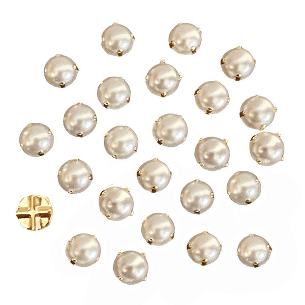 Montees de perlas de imitación de color crema, 25 piezas, estilo para coser, engastes en tono dorado, 8 mm, B'sue Boutiques, Item09922