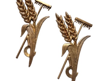 Vintage Brass Wheat Stampings, Stalks and Rake, Brass Stampings, Raw Patina Brass, Nickel Free, B'sue Boutiques, 59 x31mm, Item04155