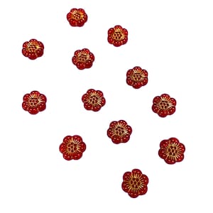 Acryl Perlen Hibiskus, 12 Stück, Kirschrot Mit Goldakzenten, Perlenzubehör, Schmuckherstellung, B&#39;sue Boutiques, Art.01057