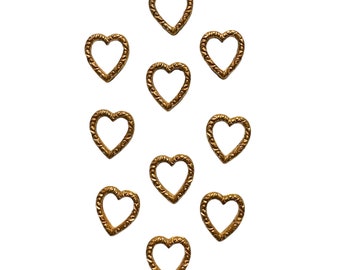 Vintage Small Heart Stampings, 10 Pieces, Backless Hearts, Jewelry Making, Patina Brass, Hearts, B'sue Boutiques, 12x10mm, Item010207
