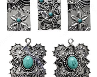 Set of 5 Bohemian Floral Design Pendants, Zinc Based Alloy, Antique Silver, Imitation Turquoise, Assorted Sizes, B'sue Boutiques, Item09819