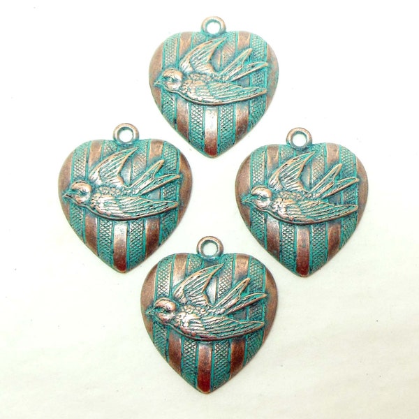 Bird Charm, Brass Birds, Art Deco Style,  Aqua Copper Patina, US Made, Nickel Free, Bsue Boutiques, 24 x 24mm,  Item02778