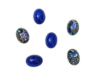 Czech Glass Stones, Blue Cabs, Lapis, Hand Worked, Multicolored, Crackle, 18x13mm, Flat Back, 6Pc, B'sue Boutiques, Item03340