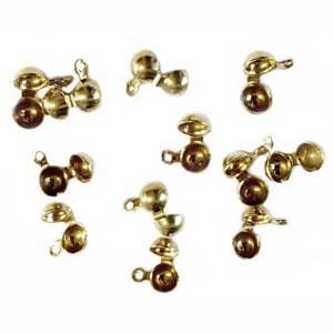 May include: Gold-colored crimp bead covers, designed to conceal crimp beads in jewelry making. The covers have a rounded shape with a hinged design and a small loop for attaching to other jewelry components. The image shows several of these covers.