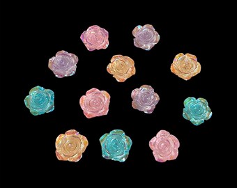 Resin Iridescent Translucent Luster Roses, Flat Back, Mixed Colors, Twelve Pieces, 14mm, B'sue Boutiques, Item03311