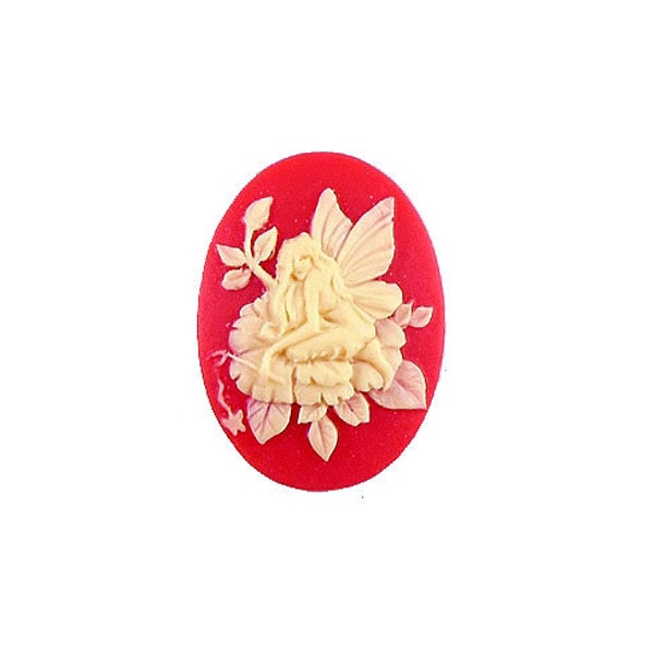 Kneeling Fairy Oval Cameo, Ivory on Red, 25x18mm, Imported Resin Cameo, Sprite, Pixie Cameo, Item08592