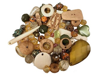 Assorted Mixed Wood, Glass and Dyed Bone  Beads, Drilled Pendants, Natural, Warm Tones, One Lot, B'sue Boutiques, Item03324