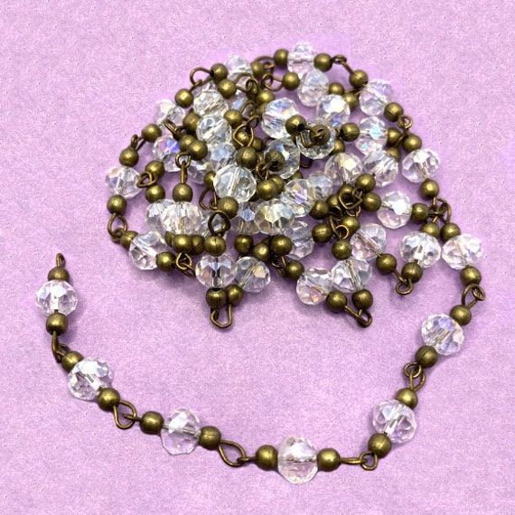 Rosary Style Glass Bead Chain, Continuous Feet, Clear Faceted