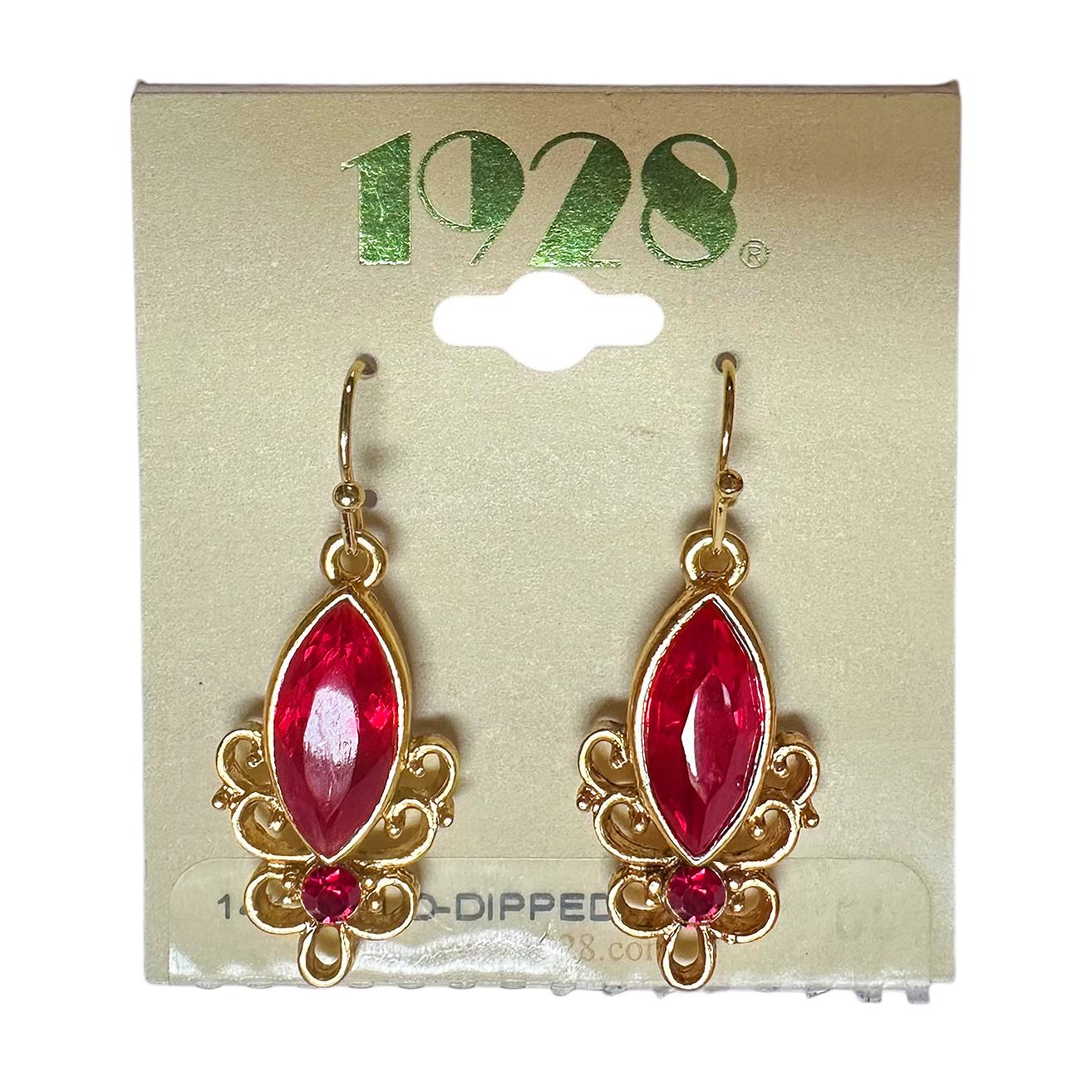 Pendientes de la Compañía de Joyería 1928, bañados en oro de 14 quilates, con piedras color rubí de Siam, estilo anzuelo, B'sue Boutiques, artículo 03353