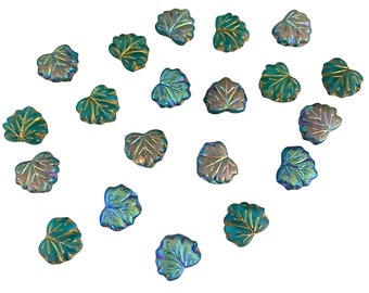 Czech Glass Maple Leaf Bead, Emerald, AB,  Vertically Drilled, B’sue Boutiques, Item01032