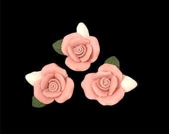 Ceramic Rose Finding, Pink, Green & White Leaves, 3 Piece, 27mm, B’sue Boutiques,  Item03094