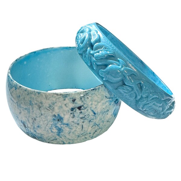 Pair of  Vintage Italian Lucite and Plastic Bangle Bracelets, Aqua Blue, 2.5 Inch Openings, B'sue Boutiques, Item04501