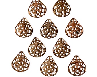 Vintage Teardrop Shaped Filigree Stampings, 10 Pieces, Raw Patina Brass, US Made, Nickel Free, 17 x 15mm, B'sue Boutiques, Item04158