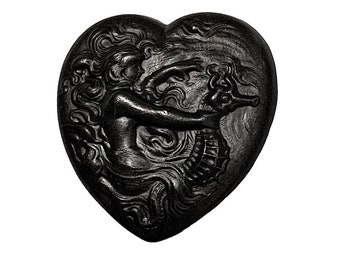 Brass Stamping, Mermaid Stamping, Mermaid Riding a Seahorse,  Heart, Matte Black Brass, 29 x 28mm, Item02009