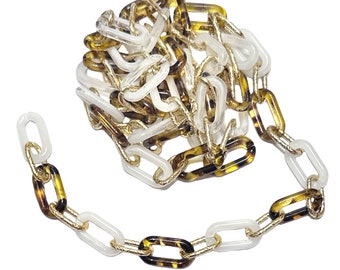 Handmade Acrylic Oval Link Chain, Gold Tone Aluminum Links, Tortoise and White, B'sue Boutiques, 20 x 11mm Links, 3 Feet, Item09927