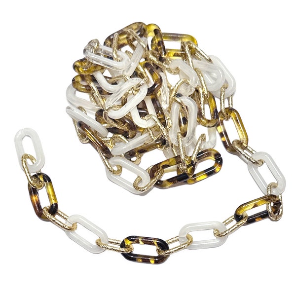 Handmade Acrylic Oval Link Chain, Gold Tone Aluminum Links, Tortoise and White, B'sue Boutiques, 20 x 11mm Links, 3 Feet, Item09927