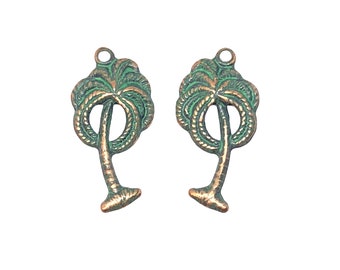 Palm Tree Charms or Pendants, Beach Jewelry, Aqua Copper Patina, Brass Stamping, 20x12mm, B&#39;sue Boutiques, Item07677
