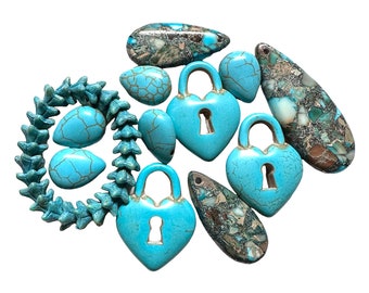 Semi Precious Beads, Turquoise Dyed Howlite and Mixed Impression Jasper, Heart Lock Pendants, Bellflower Beads, B’sue Boutiques, Item04520