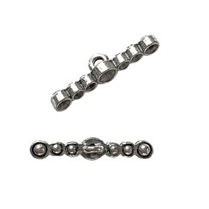 May include: Silver-toned metal button with a loop on one end and a row of round beads on the other. The button is designed to be used as a decorative closure for clothing or accessories.