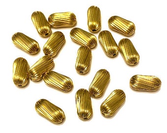 Vintage Brass Beads, 18 Pieces, Metal Beads, Ribbed Oval Cylinder Beads, Beading Supplies, B'sue Boutiques, 15x7mm, Item06413