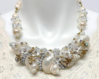 Handmade Sea Shell Assemblage Necklace, By B'sue, Gold Tone Chain, Turbo Shells, B'sue Boutiques, Item02211