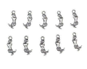 Double Sided Mermaid Charms, 10 Pieces, Silver Plated, Top Hanging Hole, Antique Silver, Cast Zinc, 20x9mm, B'sue Boutiques, Item03342