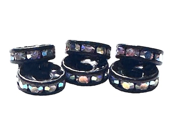 Rondelle Spacer Beads, Clear AB Crystal Stones in a Black Setting, 6 Pieces, Glass Rhinestones, 10mm, B'sue Boutiques, Item04495