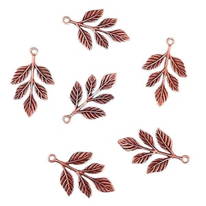Estampados de hojas de latón, hojas, rama de 5 hojas, agujero para colgar, buey rosa, 6 piezas, B’sue Boutiques, artículo 03143