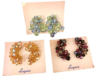 Assorted Vintage Jewelry, Laguna Clip Earrings, Austrian Crystal, 50's - 60's Jewelry, 3 Pairs, B'sue Boutiques, Item03051