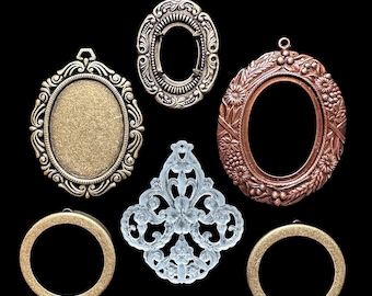 Assorted Pendants, Mounts, 6 Pieces, Brass Stampings, Varied Designs & Finishes, Jewelry Making, Jewelry Mounts, B'sue Boutiques, Item04528