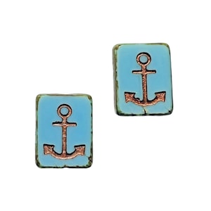 Aqua Copper Anchor Glass Beads, Czech Glass Beads, Rectangle Beads, Window Art Beads, 18x12mm, B&#39;sue Boutiques, Item07023