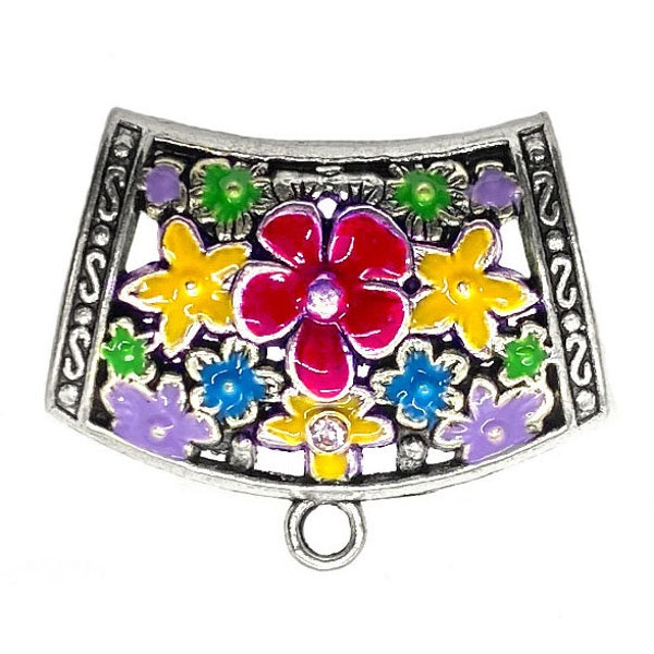 Multi-Color Floral Filigree Bail Pendant, Tube Style, Rhinestone Accents, Focal, Antique Silver, B'sue Boutiques, 44 x 33mm, Item04331