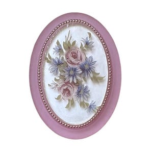 Vintage German Floral Cameo, Frosted Acrylic, Pink Border, Gold Trim, Flower Cameo, 40x30mm, B&#39;sue Boutiques, Item04901