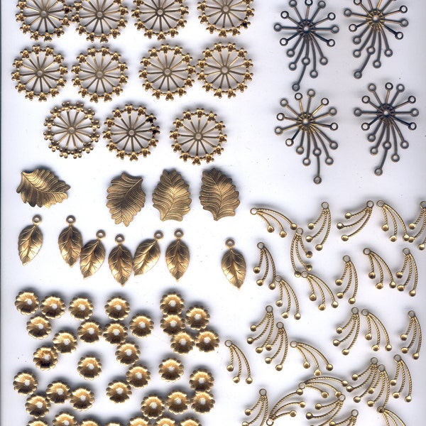 85 Pieces of Raw Brass Flower Findings, Vintage Style, Free Shipping, Item04202