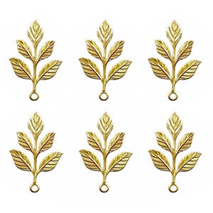 Brass Leaf Stampings, Leaves, 5 Leaf Branch, Hanging Hole, Raw Unplated Brass, 6 Pieces, B’sue Boutiques, Item02410