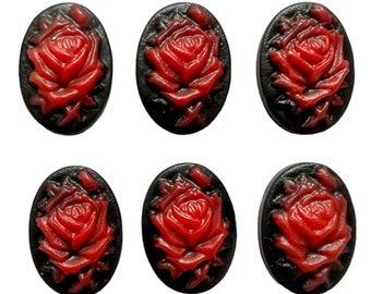 Oval Resin Cameos, 6 Pieces, Black with a Red Rose, Flat Back, 18 x 13mm, B'sue Boutiques, Item010230