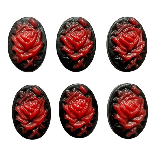 Oval Resin Cameos, 6 Pieces, Black with a Red Rose, Flat Back, 18 x 13mm, B'sue Boutiques, Item010230