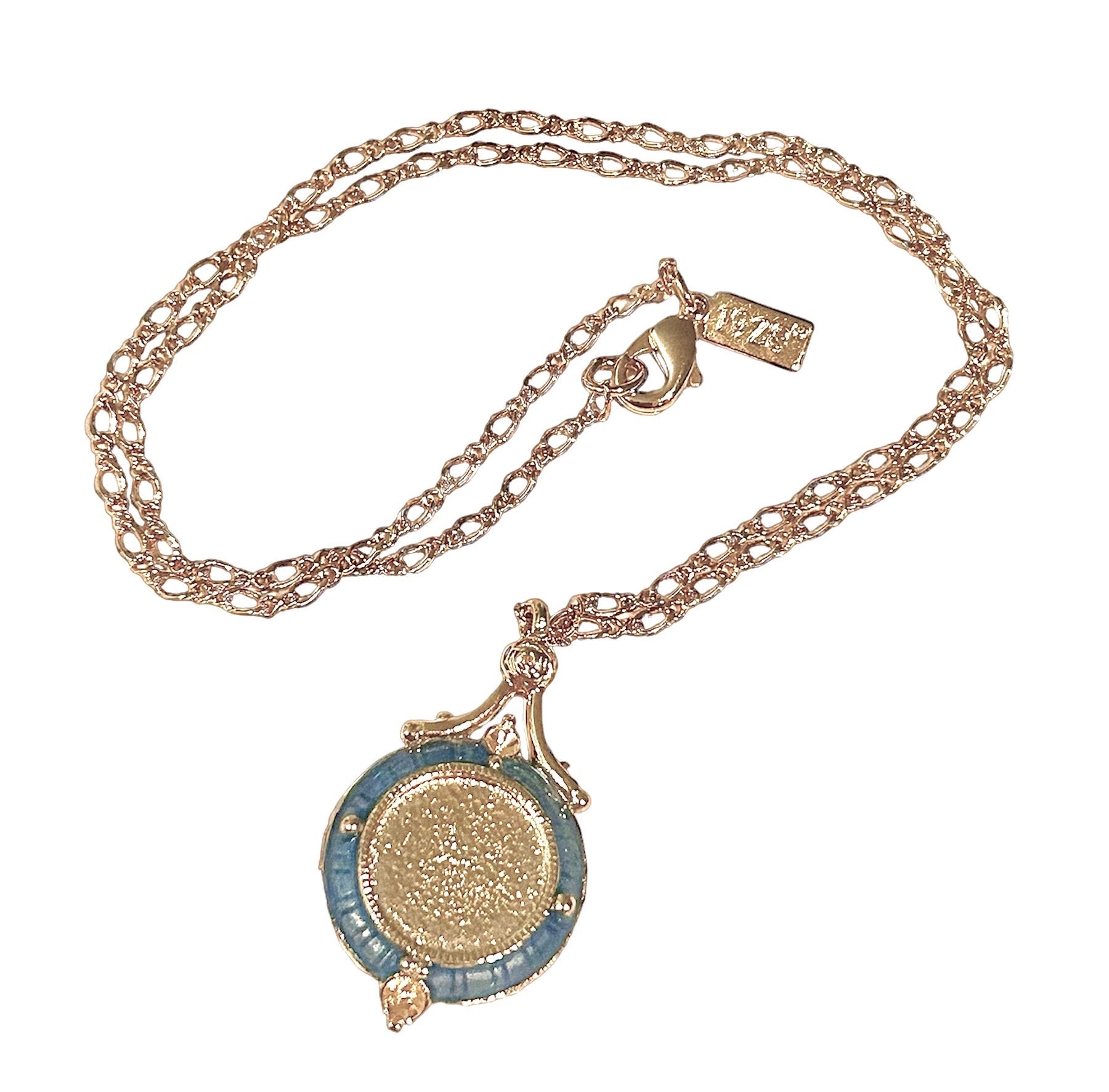 Rare Vintage 1928 Locket Pendant With Chain, Gold Tone With Blue