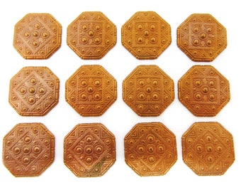 Vintage Medieval Octagon Stampings, 12 Pieces, Jewelry Making Supplies, Raw Gingerbread Patina Brass, B&#39;sue Boutiques, 23mm, Item01661